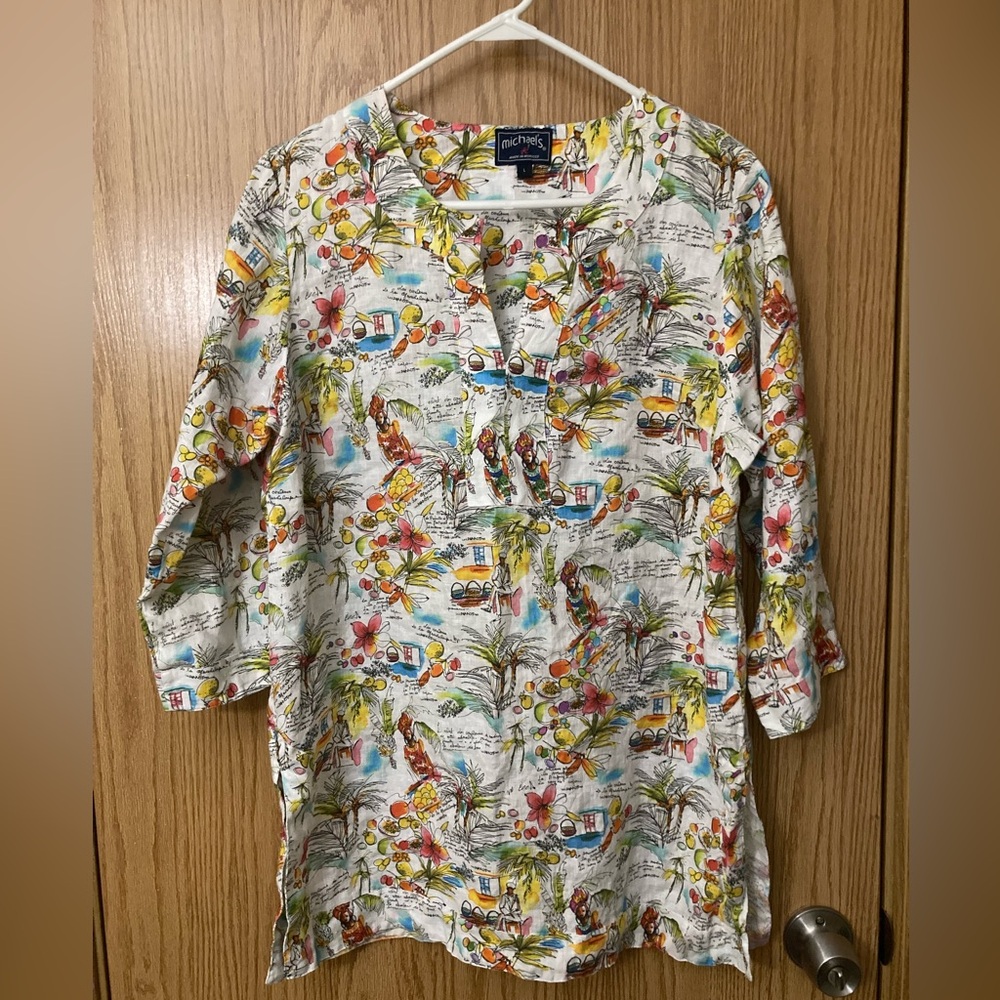 Michael's Tropical Print Women’s Linen Tunic Swim Beach Coverup Size large